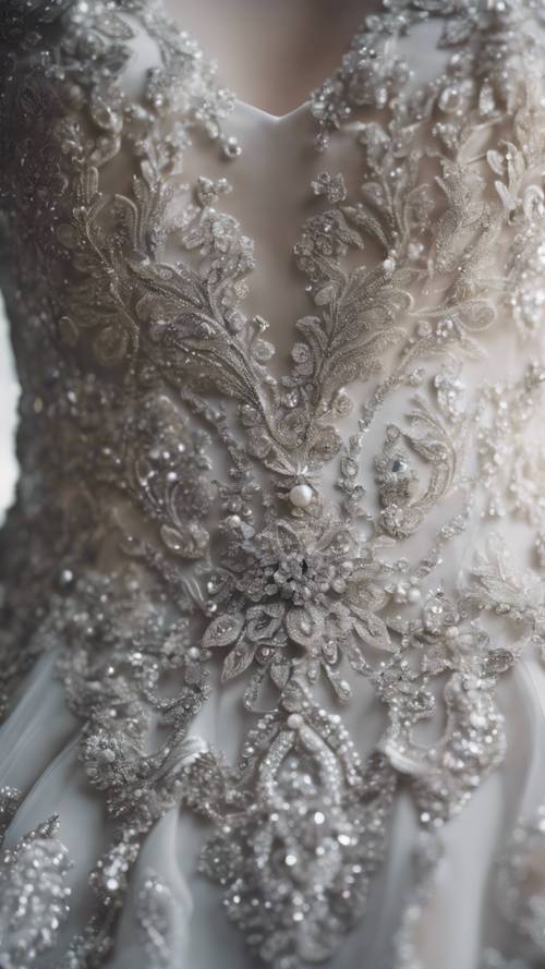 Close up of a white and silver wedding dress with intricate lace patterns and sparkling crystals.