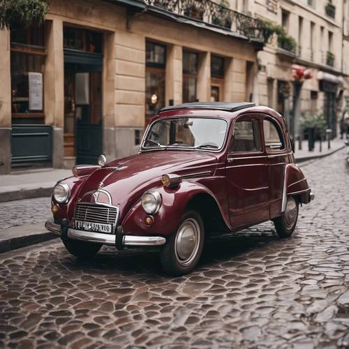 A vintage burgundy-colored car parked on a cobblestone street beside a Parisian café.