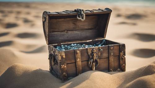 一個破舊的寶箱坐落在粗糙的沙灘上，背景是大海。