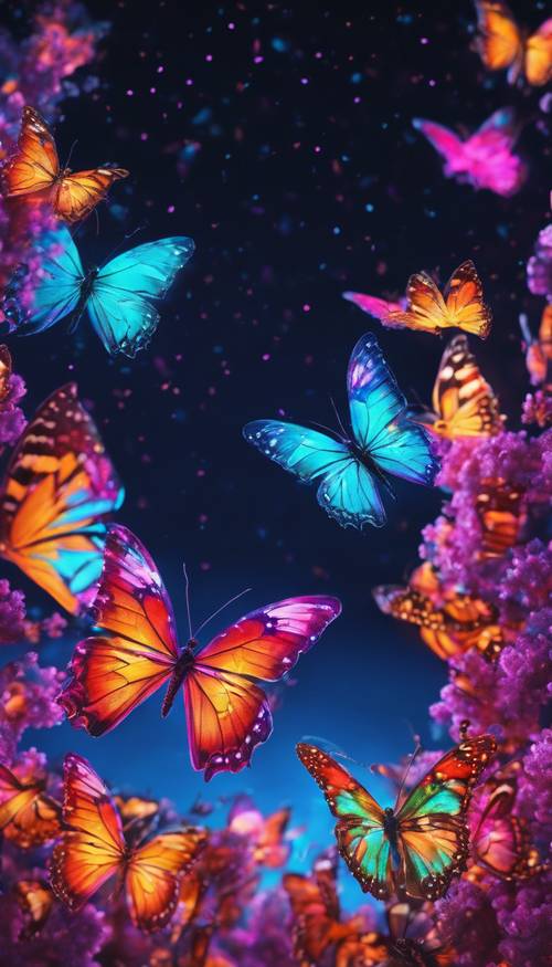 Collage de vívidas mariposas de neón contra una noche iluminada por la luna.