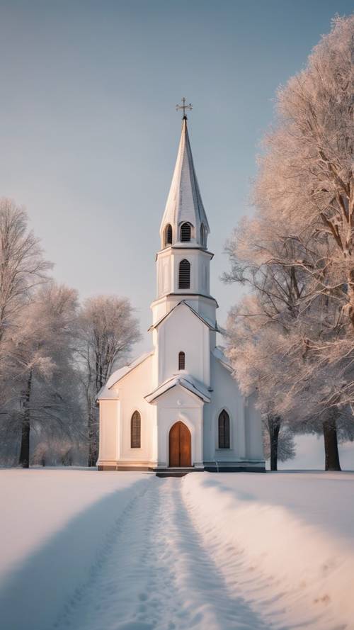 A white church in the snowy countryside at dawn, its steeple aglow with warm lights, evoking a peaceful Christmas morning.