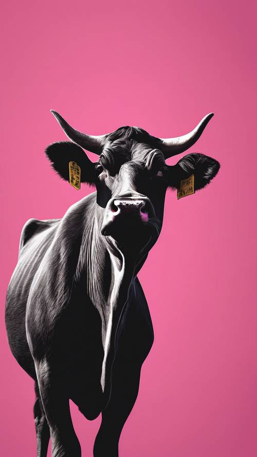 Un poster dal design minimalista caratterizzato da un&#39;audace silhouette di mucca rosa.
