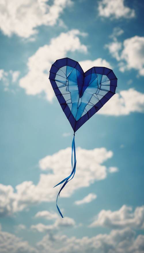 Un cerf-volant bleu en forme de cœur volant haut dans un ciel venteux.