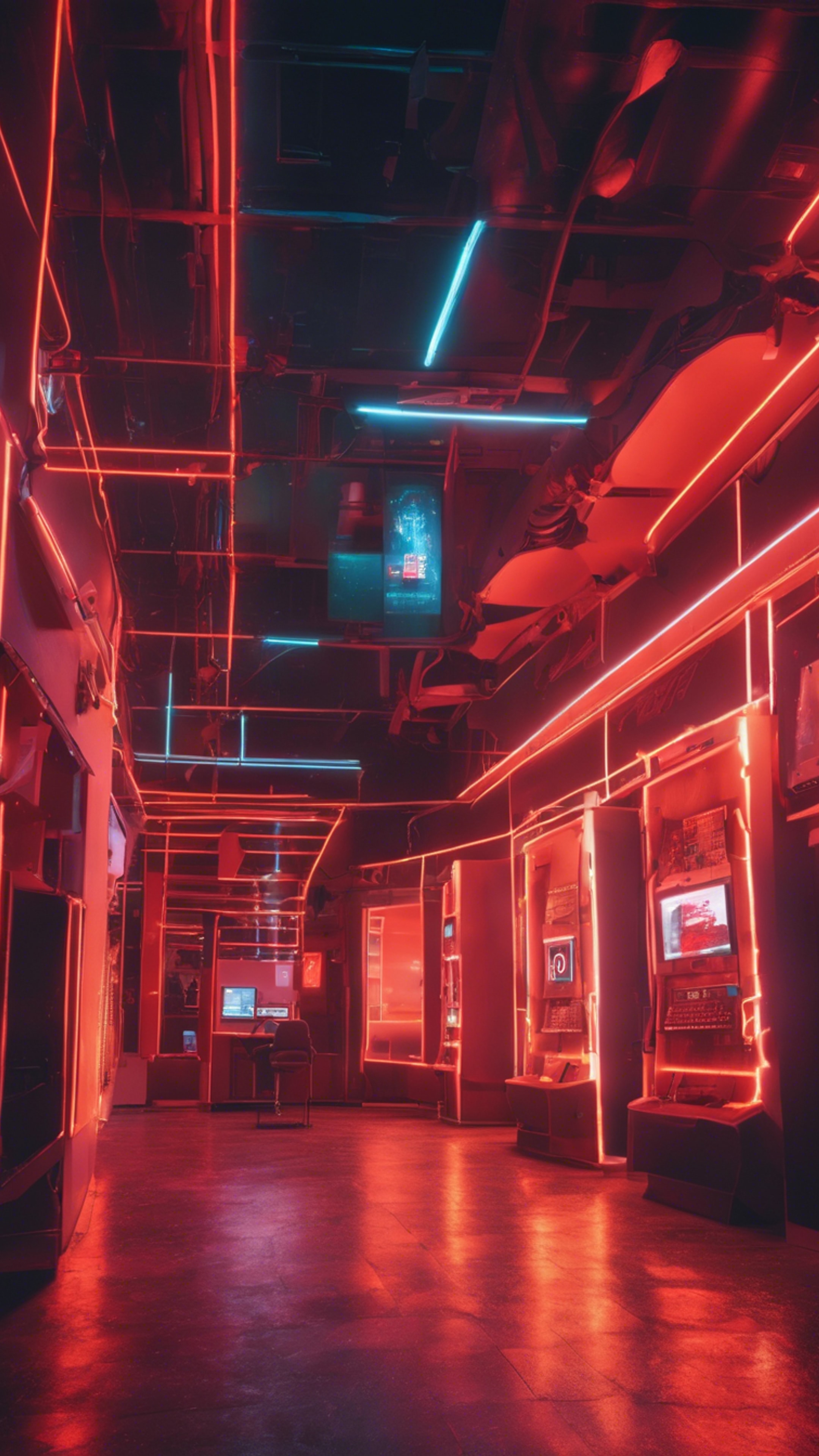 An architecturally unique cyber cafe glowing with neon red and orange lights at night. Tapeet[37c23e18da0f466d9ff8]