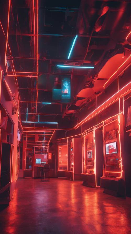Kafe cyber dengan arsitektur unik yang bersinar dengan lampu neon merah dan oranye di malam hari.