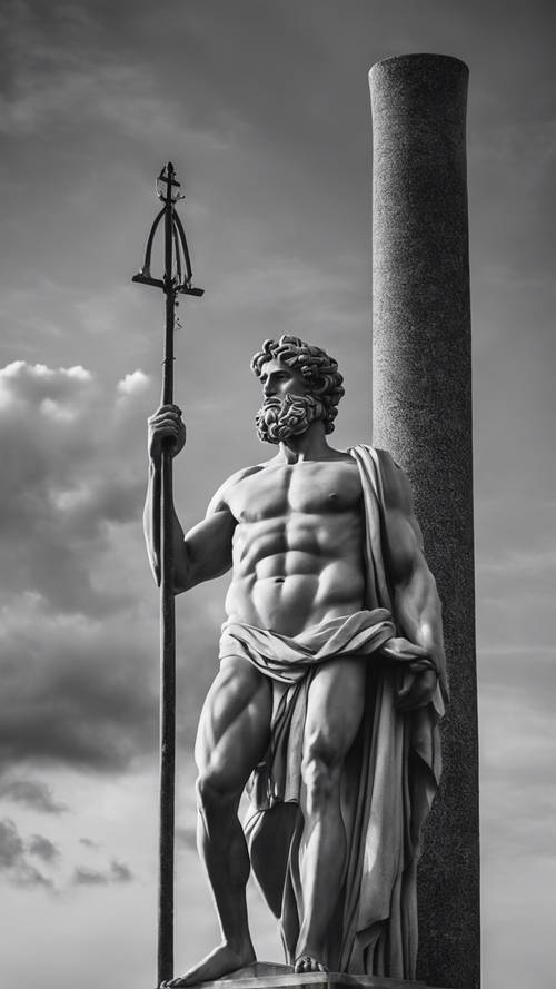 A towering black and white marble statue of a Greek God, brilliant against the twilight sky.