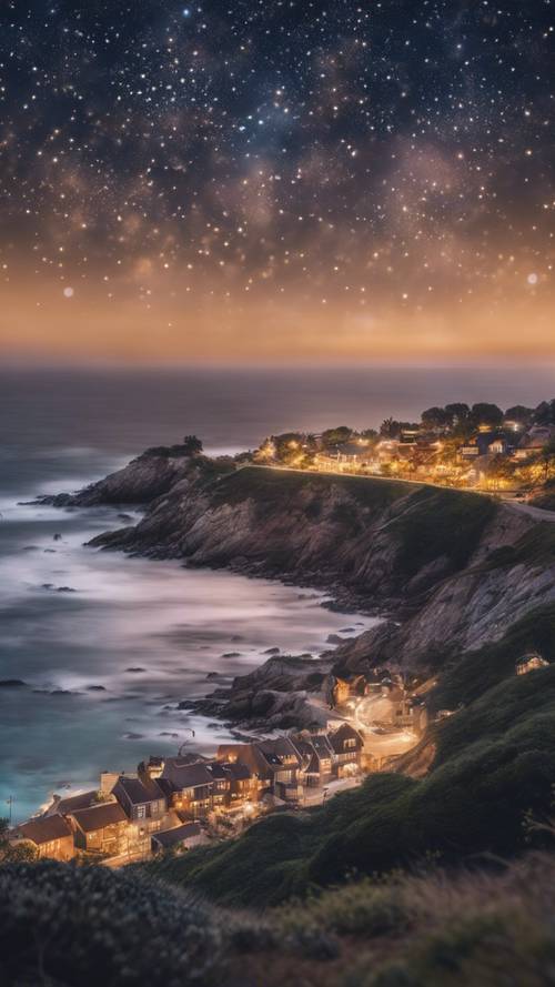 A breathtaking blanket of stars enhancing the enchanting skyline of a small coastal village. Tapeta [b8ac180ff3de4e1db57b]