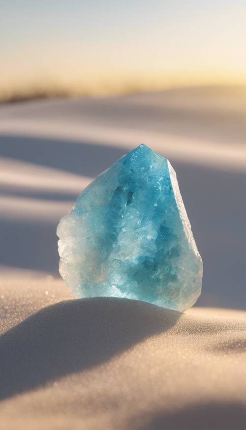 Poetycka migawka opalizującego niebieskiego kamienia akwamarynowego osadzonego w białym piasku, oświetlonego złotym światłem zachodzącego słońca.