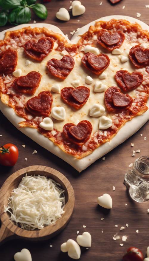 تصميم بيتزا لطيف على شكل قلب لعيد الحب الخاص، مغطى بالكثير من الحب على شكل قلوب الموزاريلا