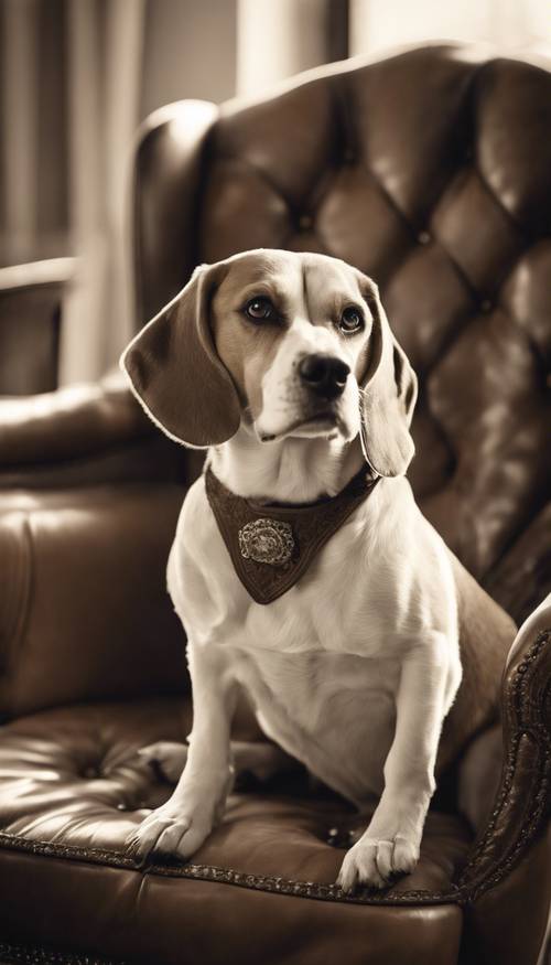 Una fotografia vintage color seppia di un vecchio e saggio cane beagle seduto maestosamente su una sedia Chesterfield vintage.