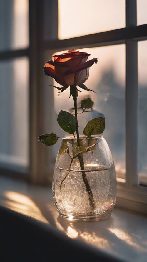 A lone wilted rose in a crystal vase on a windowsill as the first light of dawn appears.