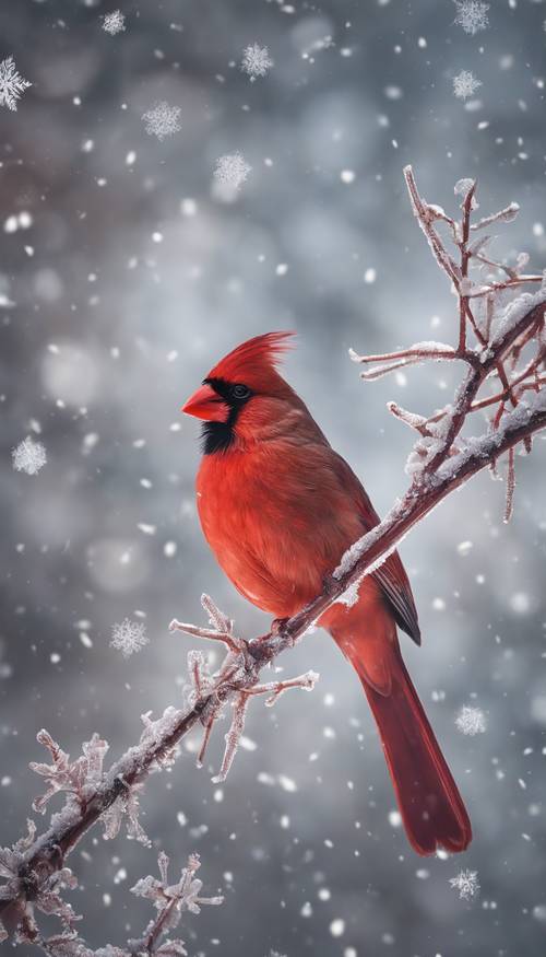 Rudy red cardinal perched on a frost-covered sprig, against a background of glittering snowflakes.