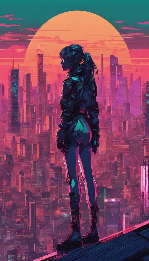 Una silueta de una adolescente ciberpunk contra un paisaje urbano de alta tecnología al atardecer.