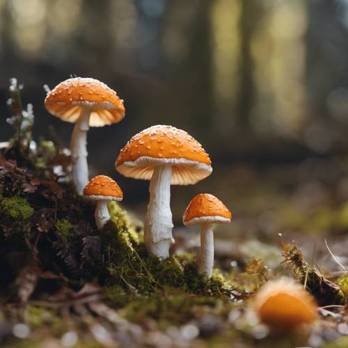 Miniatur jamur hutan berwarna oranye dan putih difoto dari sudut pandang tanah