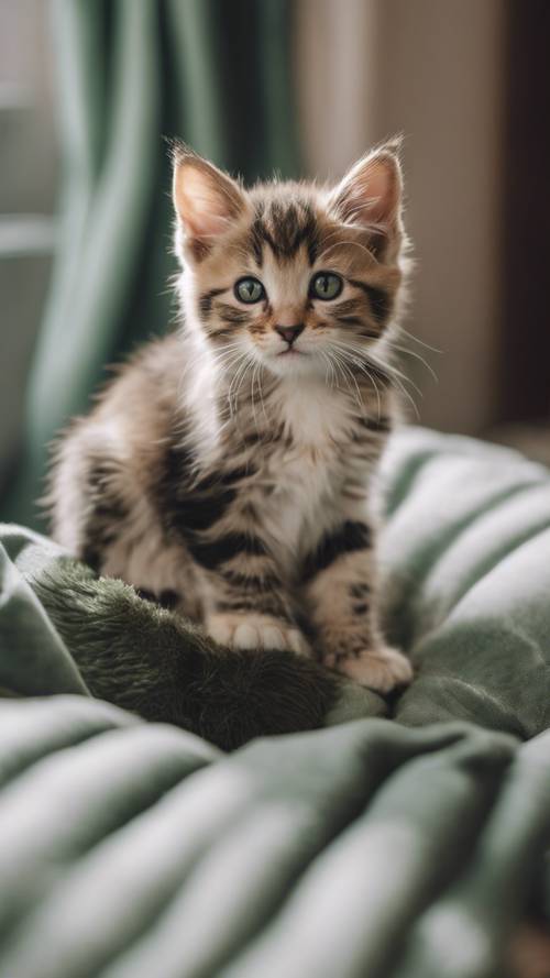 A cute kitten with sage green eyes sitting on a plush cushion.