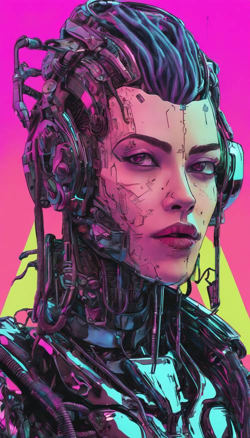 Tampilan close-up wajah android cyberpunk, dengan ekspresi mirip manusia.