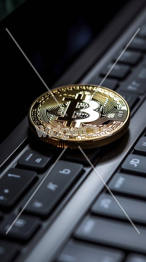 Moneda Bitcoin dorada en el teclado de la computadora
