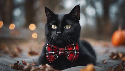 Eine schwarze Halloween-Katze, geschmückt mit einer schicken Schleife im Schottenkaro.