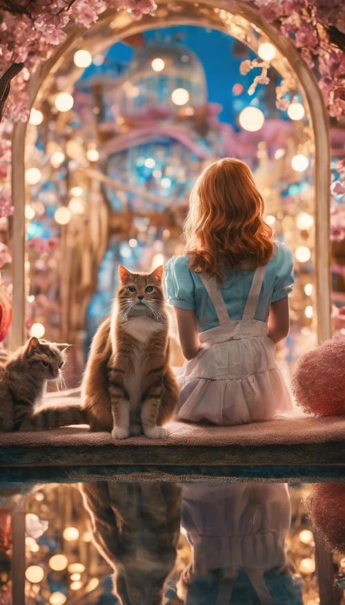 Alice and Dinah the cat together in the real world, with Wonderland as a dreamy, vibrant mirror image in the background.