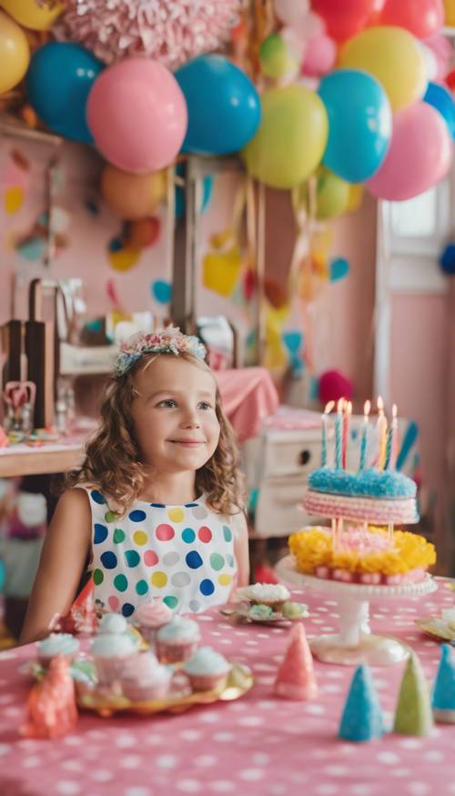 Przyjęcie urodzinowe dla dziecka z dekoracjami w kropki w różnych jasnych kolorach.