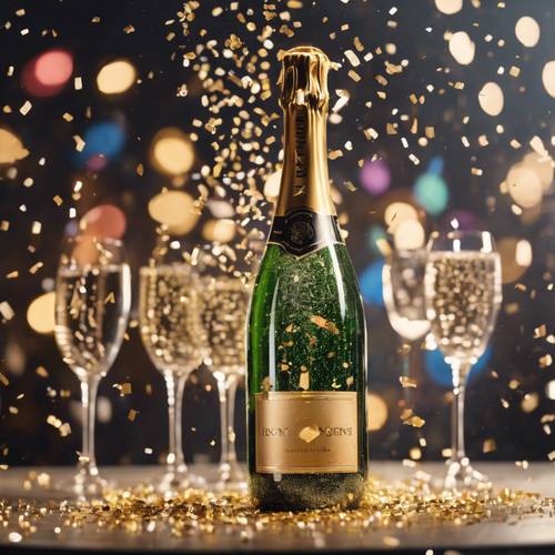 Bottiglia di champagne aperta e traboccante con coriandoli che sparano su una scena di festa sullo sfondo.