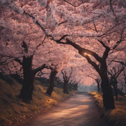 Um caminho através de uma floresta de cerejeiras negras tingidas pelas suaves cores do pôr do sol