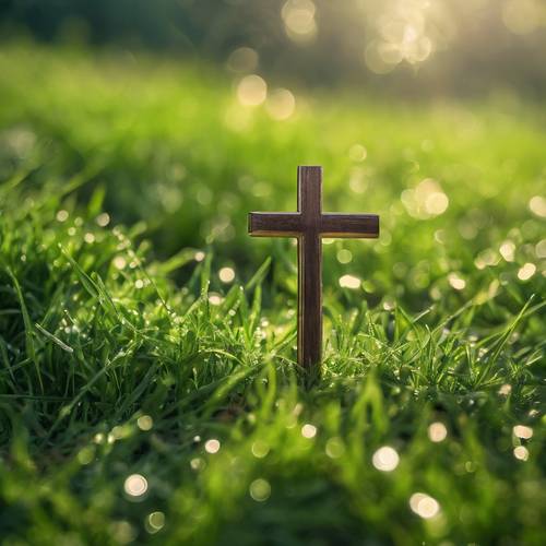 Une petite croix en bois nichée dans l&#39;herbe verte fraîche, la rosée scintillante au soleil du matin.