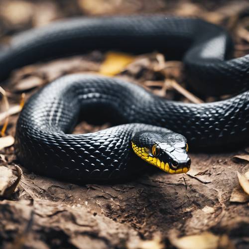 A black snake with a glossy body and sharp yellow eyes slowly slithering towards the camera.