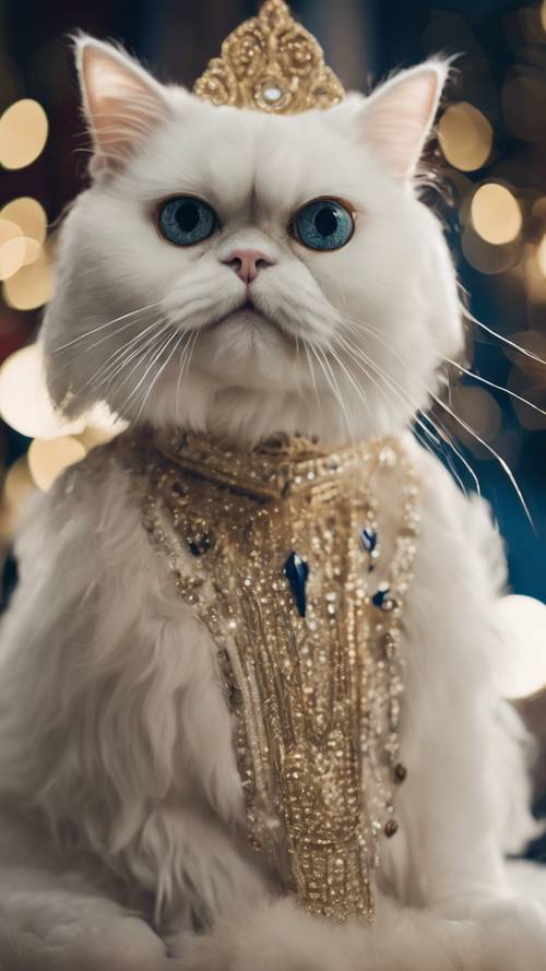 A late night scene showing a tuxedo-clad white Persian cat elegantly navigating through a lavishly adorned masquerade ball. Ταπετσαρία [0f9d5454168740d5a218]