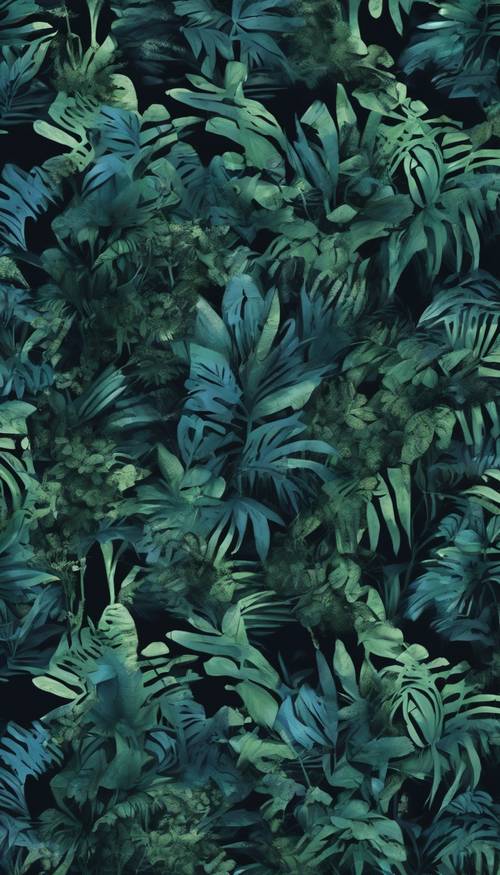 Mẫu ngụy trang rừng rậm vào ban đêm với các sắc thái xanh lục và xanh lam đậm, với hình ảnh thoáng qua của các loài động vật sống về đêm được kết hợp một cách tinh tế.