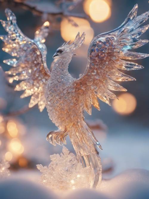 A crystal phoenix shimmering with refracted light in a whimsical winter wonderland.