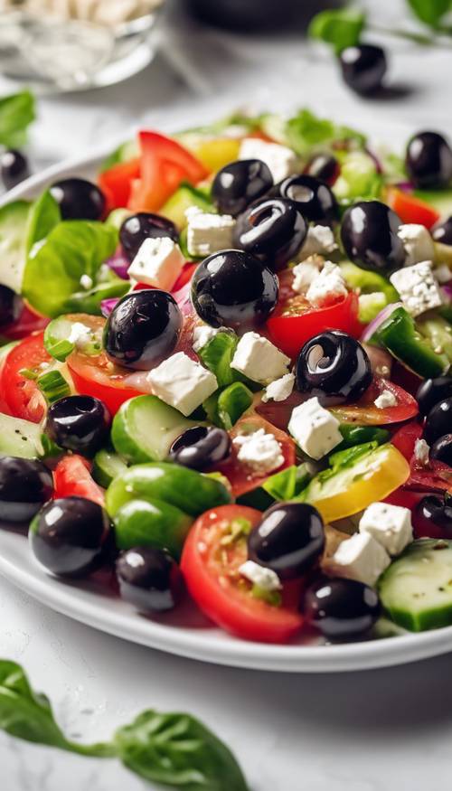 A vibrant, fresh Greek salad garnished with black olives and feta cheese on a white ceramic plate.