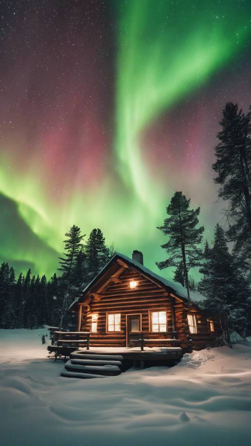 La brillante aurora boreale su una capanna di tronchi carica di neve nella natura selvaggia del Michigan.
