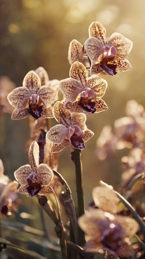 Yumuşak sabah ışığı altında egzotik kahverengi orkidelerle dolu bir alan.