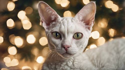 Um retrato de um gato Devon Rex branco, com seus olhos curiosos refletindo as luzes cintilantes de uma opulenta árvore de Natal.