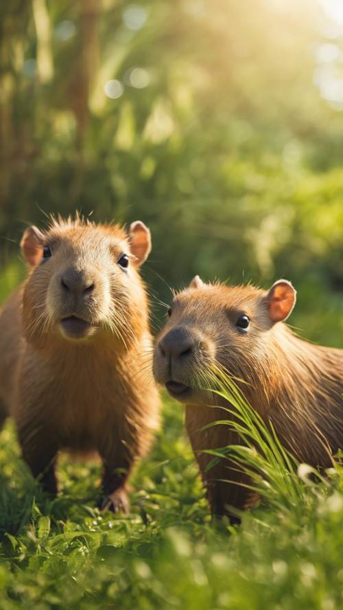 A group of playful capybara kids in a lush green meadow under the warm sunlight.