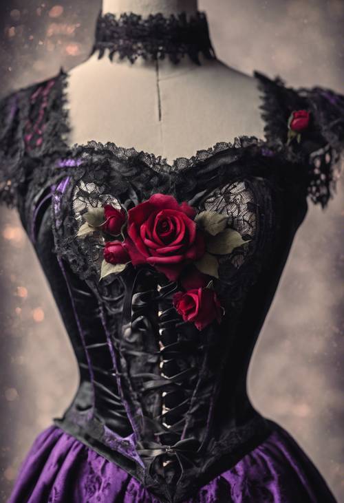 Un corsetto gotico di velluto nero ornato con rose di pizzo rosso sopra un elegante abito di seta viola.