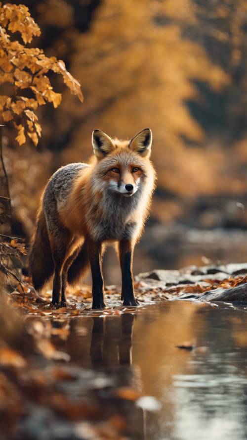 An older, grizzled fox leisurely strolling along the bank of a quiet brook as autumn leaves fall around it.
