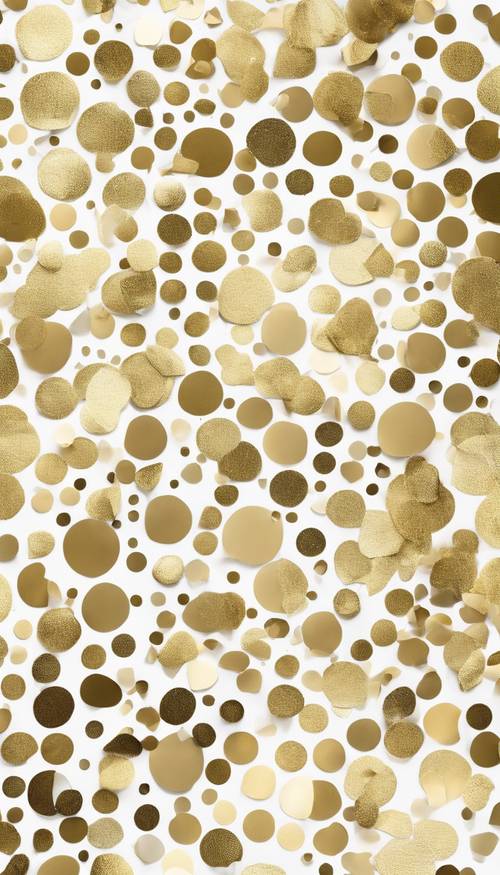 A collage of gold polka dots varying in size scattered on a white backdrop.