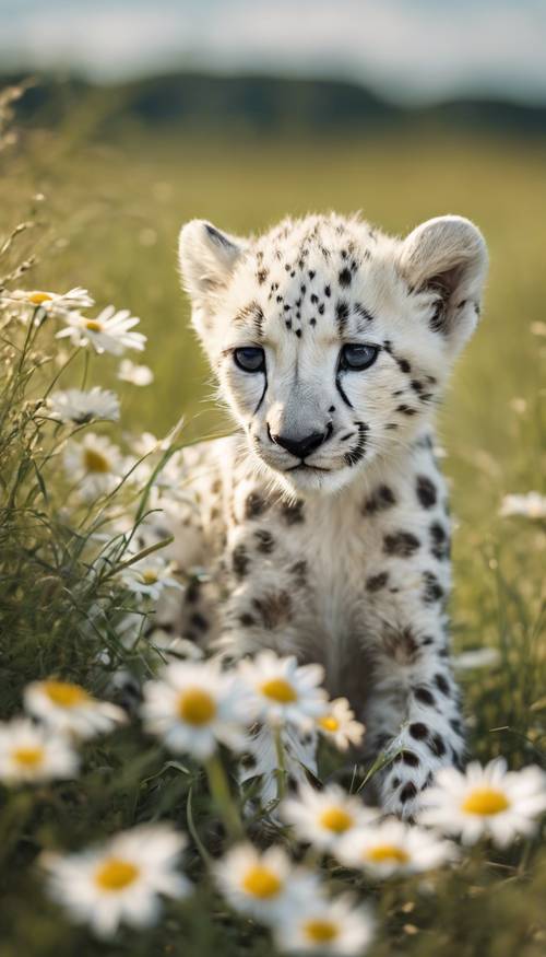 Un giovane cucciolo di ghepardo bianco giocoso che rotola nei campi d&#39;erba, macchiato di margherite