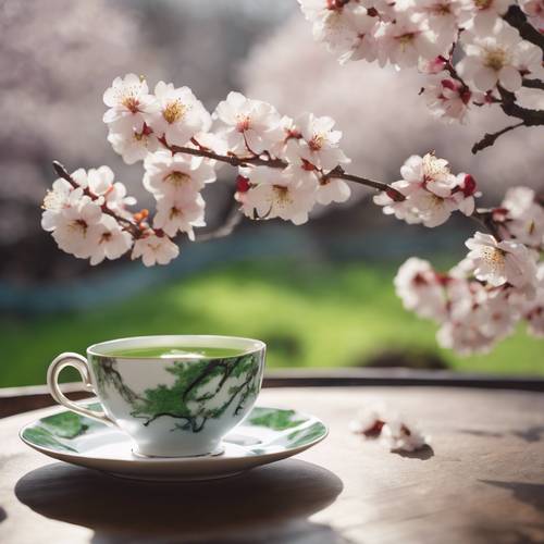 Cangkir teh porselen putih berisi teh matcha hijau, dengan pohon sakura yang sedang mekar diburamkan secara fotogenik di latar belakang.