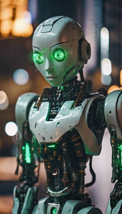 A close-up of a humanoid robot with green eyes, it stands against a digital cityscape at dusk.