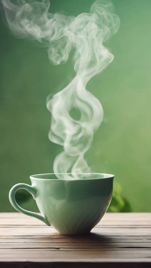 Une tasse de thé vert à la menthe paisible fumant sur une table en bois confortable.