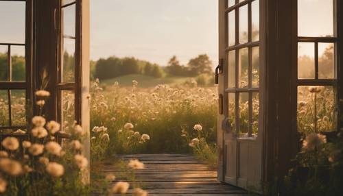 Um amanhecer de verão onde a porta de uma casa pitoresca se abre para um prado florido banhado por uma suave luz dourada.