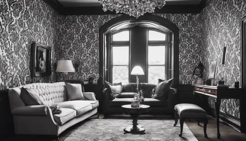 Wallpaper Gothic Damask hitam dan putih yang terinspirasi vintage meningkatkan keindahan ruang baca yang nyaman