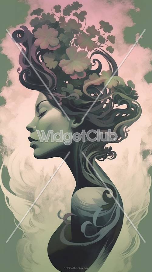 Arte sonhadora de uma senhora com cabelo floral