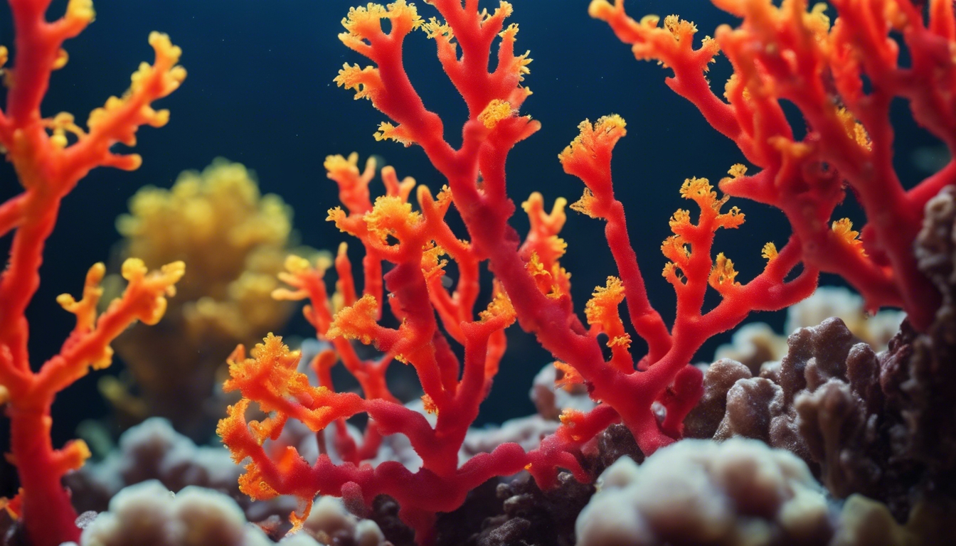 Zoomed-in view of a fire coral with vivid hues of red, yellow, and orange. 牆紙[f17e002a567e434cb4ea]