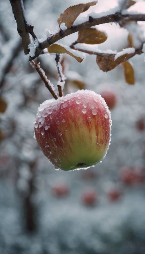 Ripe orchard apple coated in fine dew-like frost.