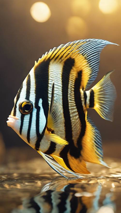A detailed view of an angel fish against a backdrop of rippling water reflections.