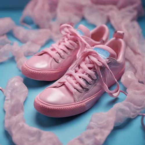 一雙運動鞋一半是粉紅色，一半是藍色。